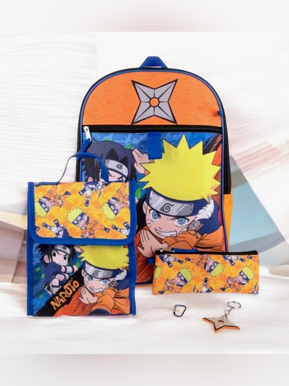 Naruto 5 Pc Backpack Set Lunch Bag Utility Case Keychain 16” Anime New